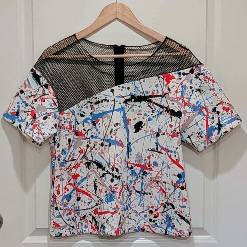 EUC Sachin & Babi M Splatter Pattern Fishnet Mixed Media Top
